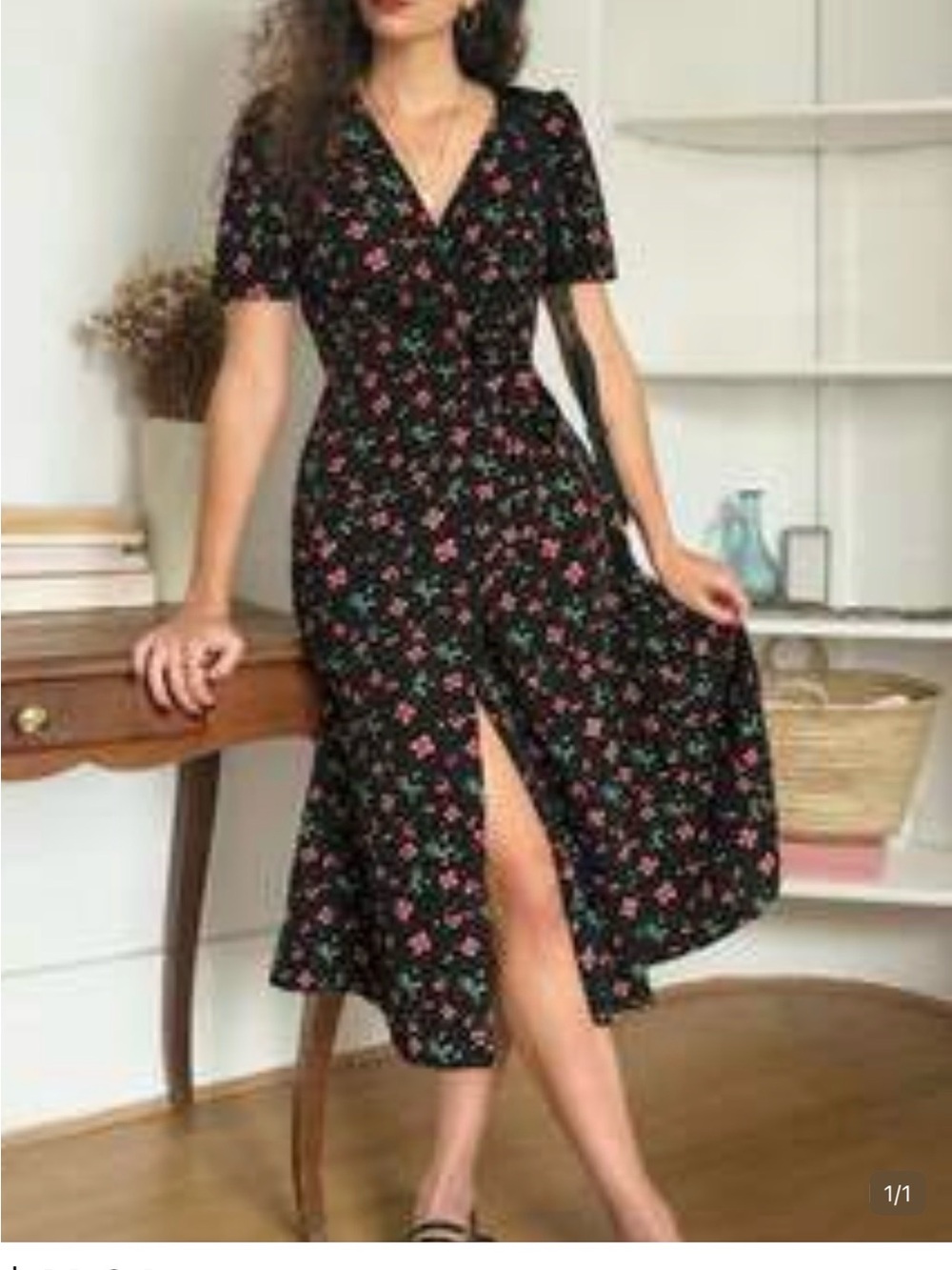 SHEIN Black Wrap Dress with Pink Floral Print